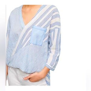Anthropologie Size S Holding Horses Mimi Hi-Low Tunic Top 3/4-Sleeve Blue/White